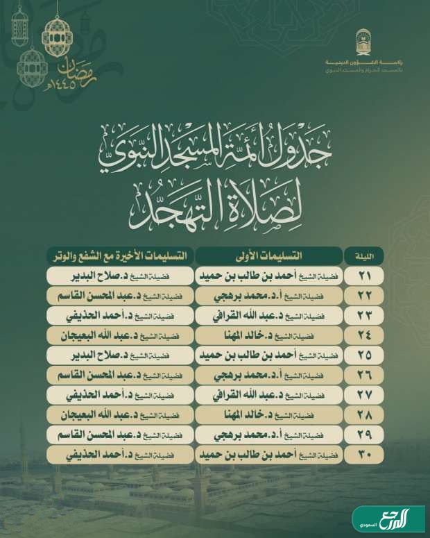 جدول أئمة صلاة التهجد في المسجد النبوي
